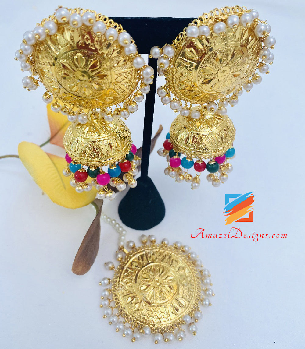 Super Lightweight Golden Traditional Multicoloured Jhumka and Tikka Set