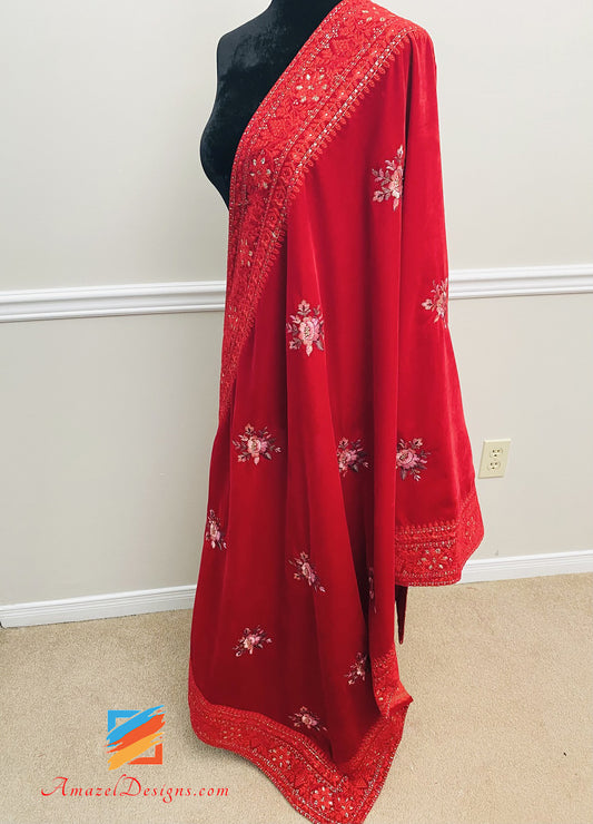 Tilla Thread Work Four Side Border Red Velvet Shawl