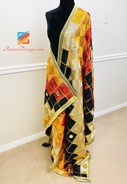Traditional Fulkari With Mirrors Golden Lace On Four Sides