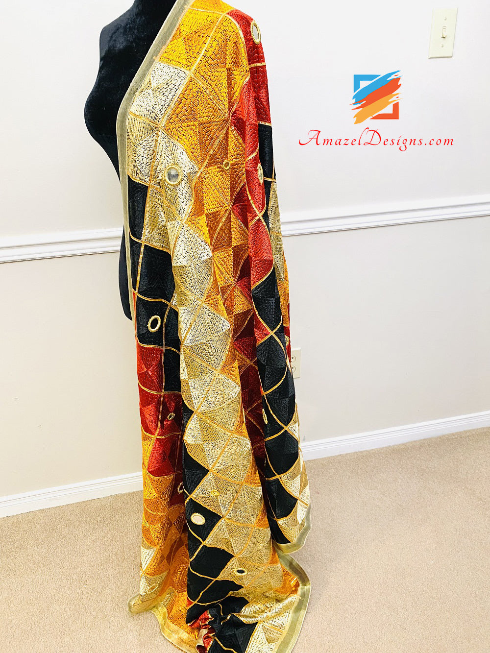 Traditional Fulkari With Mirrors Golden Lace On Four Sides