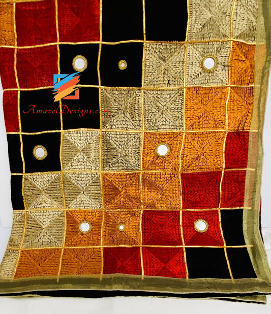 Traditional Fulkari With Mirrors Golden Lace On Four Sides