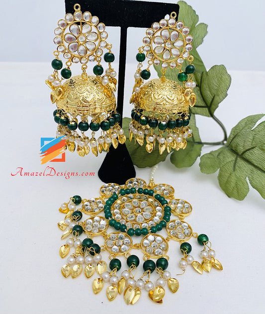 Pipal Patti Jhumka tradizionale leggero verde con Tikka oversize 