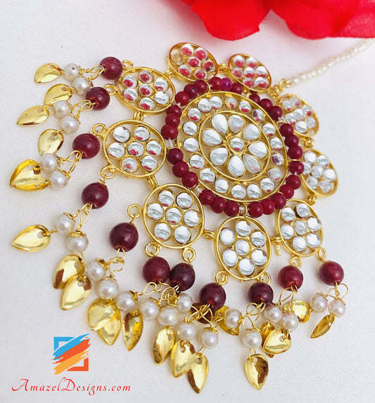 Traditional Lightweight Ruby Maroon Pipal Patti Jhumka with Oversized Tikka Brampton