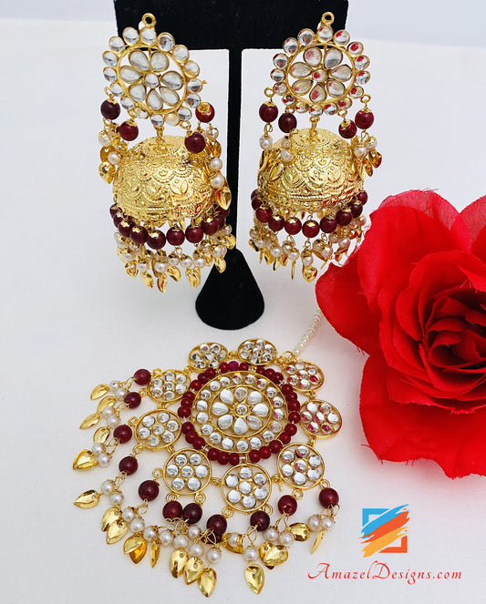 Traditional Lightweight Ruby Maroon Pipal Patti Jhumka with Oversized Tikka Brampton