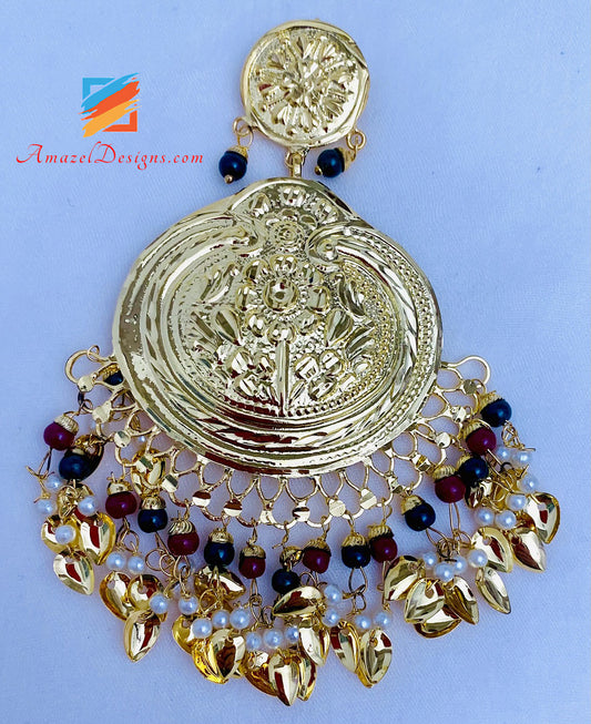 Traditional Pippal Patti Super Lightweight Golden with Green Maroon Beads Earrings Tikka Set