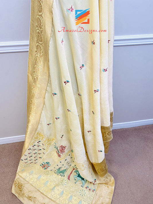 Traditional Touch Lemon 🍋 Yellow Brocade Border Velvet Shawl