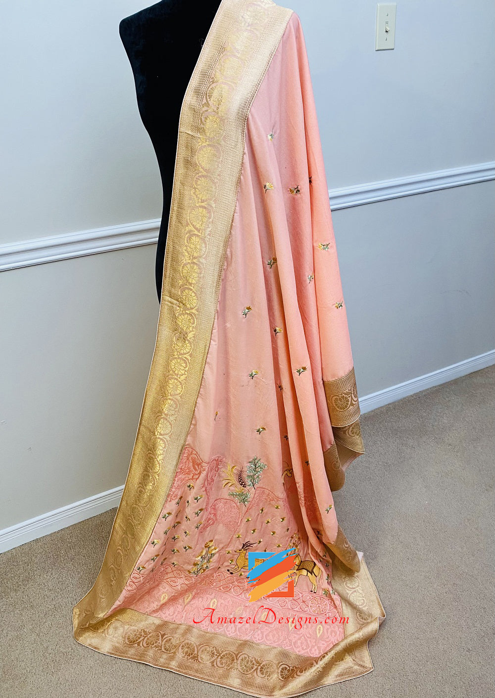 Traditional Touch Peachy Pink Brocade Border Velvet Shawl