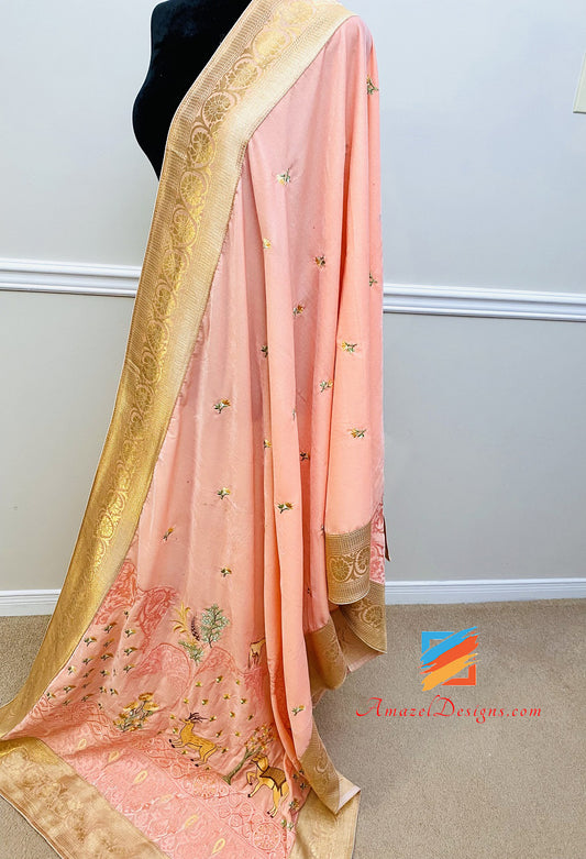 Traditional Touch Peachy Pink Brocade Border Velvet Shawl