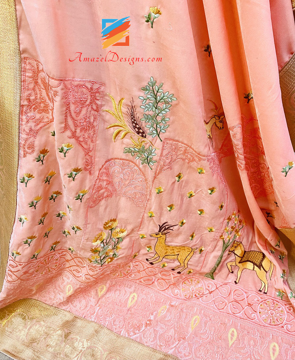 Traditional Touch Peachy Pink Brocade Border Velvet Shawl