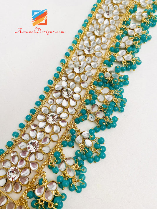 Turquoise Kundan Crystal Lightweight Flexible Choker Earrings Tikka Passa Set