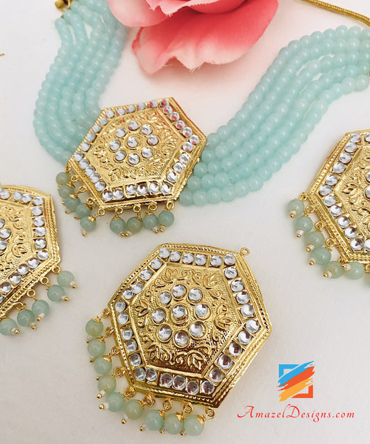 Turquoise Lightweight Kundan Choker Necklace Studs Earrings Tikka Set