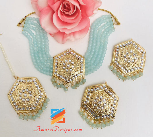 Turquoise Lightweight Kundan Choker Necklace Studs Earrings Tikka Set