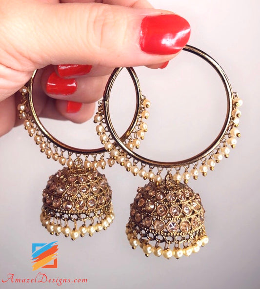 Gold Finished Kundan HotPink Jhumki Earrings by PTJ – Punjabi Traditional  Jewellery