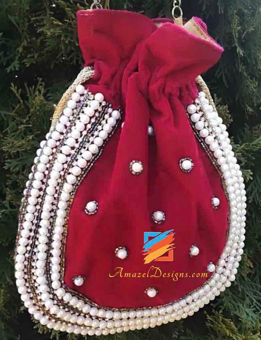 Velvet Magenta Hot Pink Swarovski Pearl Potli