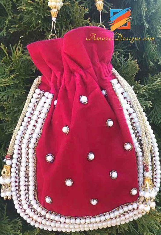 Velvet Magenta Hot Pink Swarovski Pearl Potli