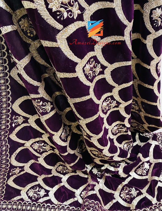 Velvet Shawl Wine Purple All Over Tilla Sitara Work