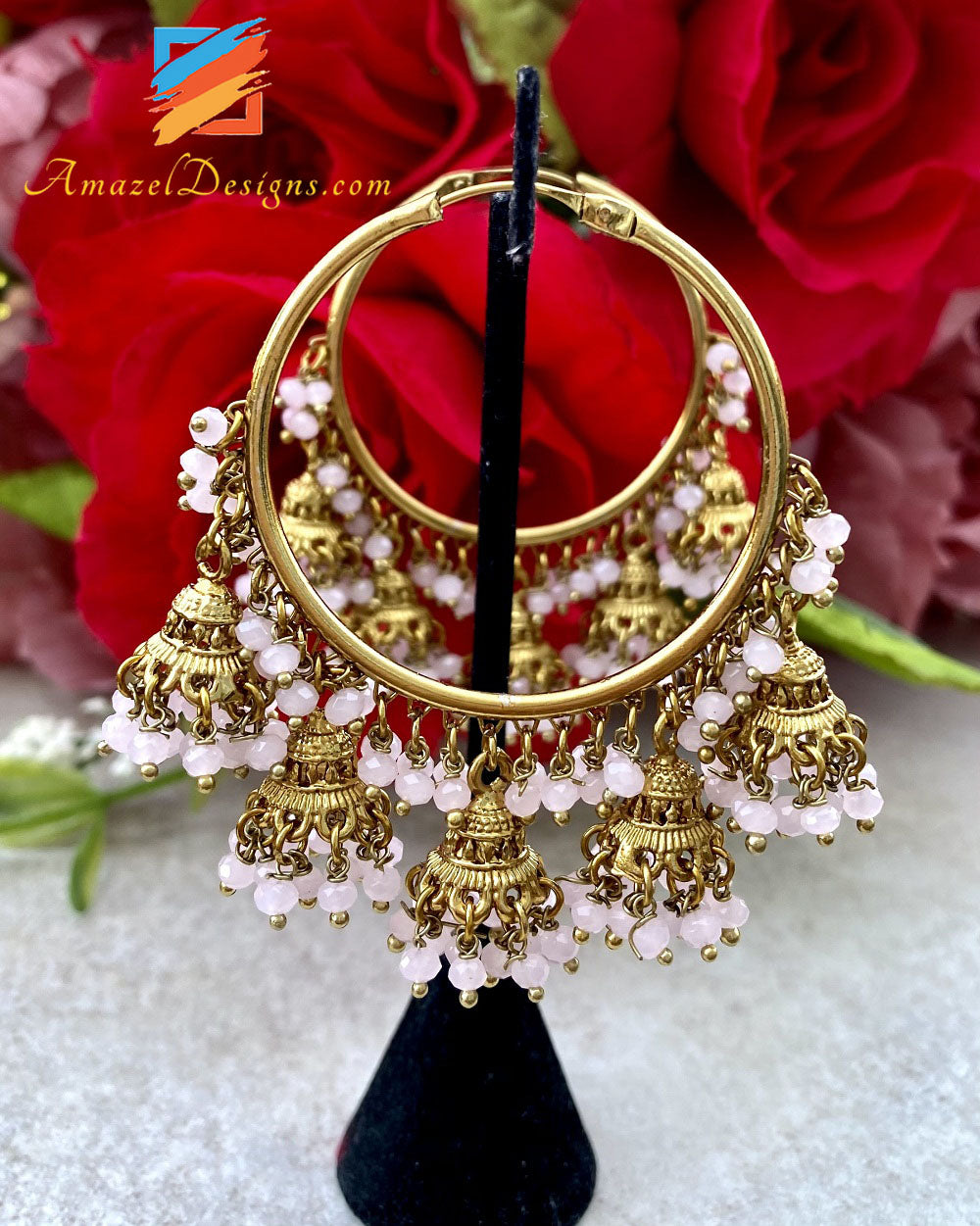 Waliyaan with Bunches of Baby Pink Beads and Small Jhumkis