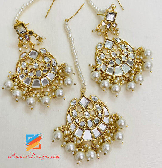 White Beads Sheesha Earrings Tikka Set