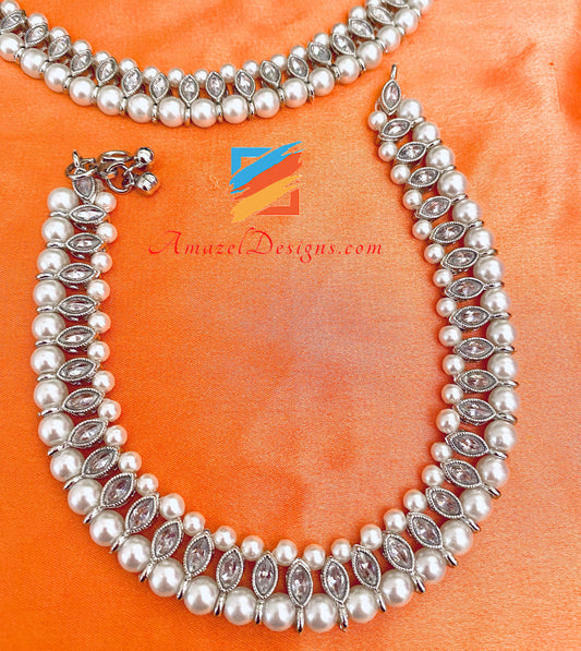 White Beads Silver Polki Payal