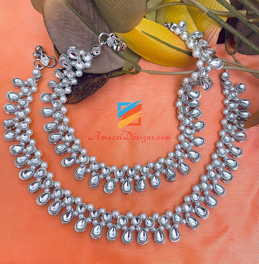 White Beads Silver Polki Payal