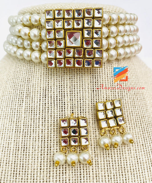 White Pearls Kundan Lightweight Flexible Choker Studs Set