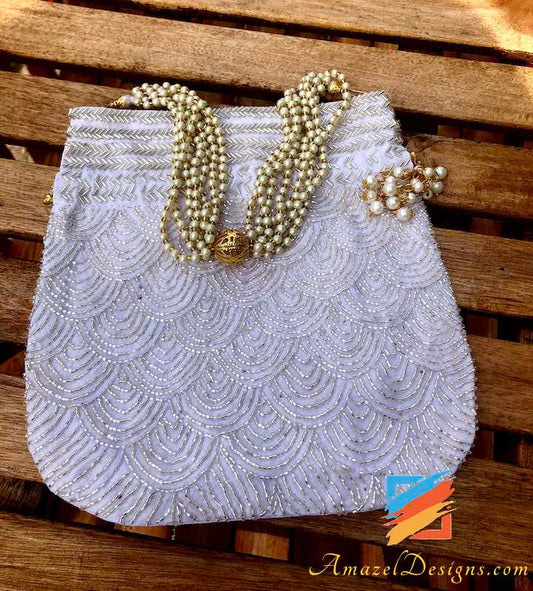 White Potli with Silver Glass Beads Work
