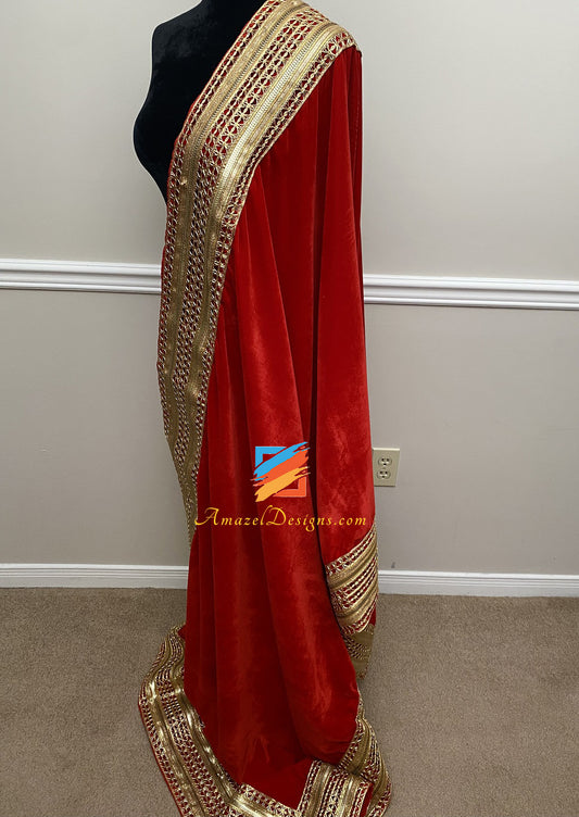 Wide Tilla Sitara Dabka Gotta Lace Red Velvet Shawl