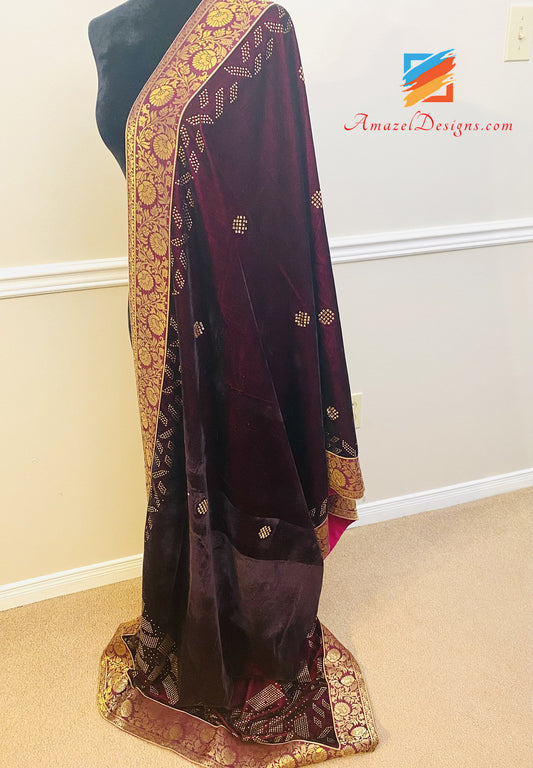 Wine Colour Kundan Velvet Shawl