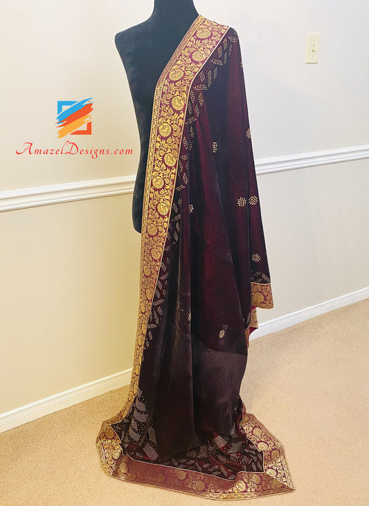 Wine Colour Kundan Velvet Shawl