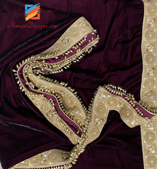 Wine Maroon Velvet Dabka Tilla Kundan Lace With Hanging Golden Pearls On The Sides