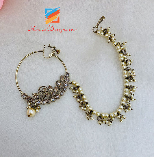 Large Polki Nath With Cream Beads Chain