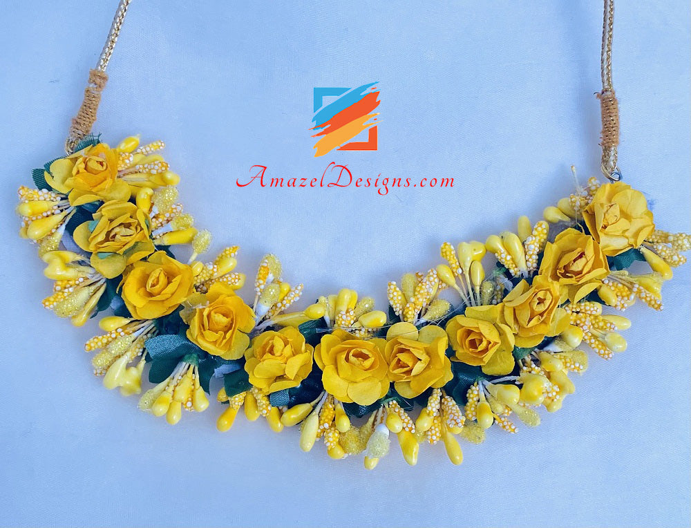 Yellow Flower Choker Necklaces With White Pearls