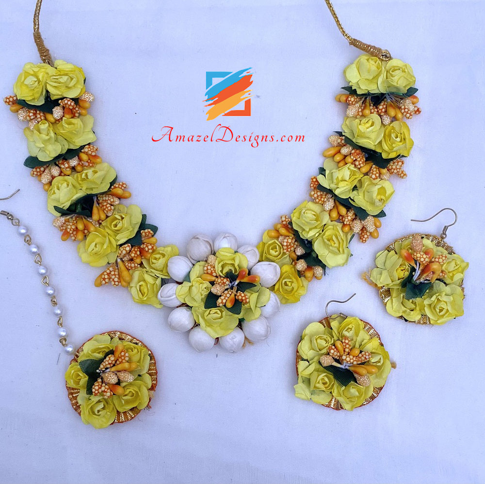 Gelbe Blumen Halskette Ohrringe Tikka Set