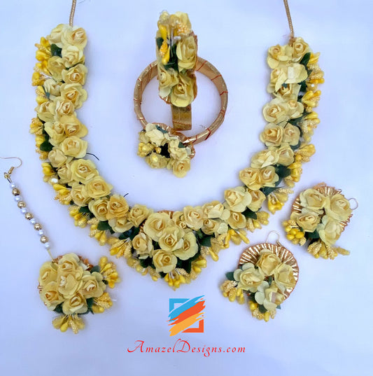 Yellow Flower Necklace Earrings Tikka Set