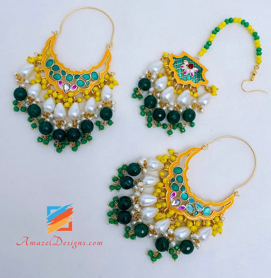 Yellow Green Meenakari Lightweight Waliyaan with Tikka Set