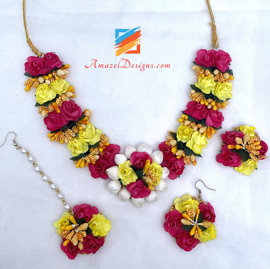 Yellow Hot Pink Flower Necklace Earrings Tikka Set