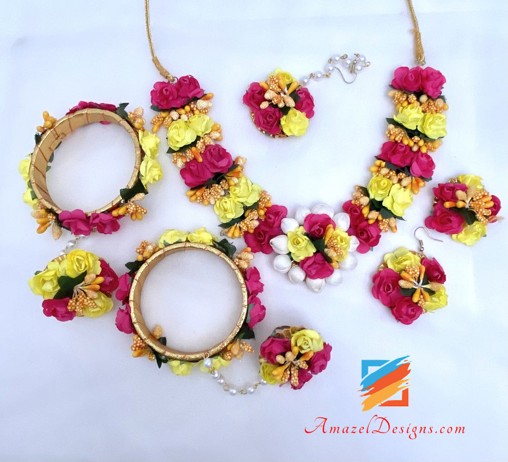 Yellow Hot Pink Flower Necklace Earrings Tikka Set
