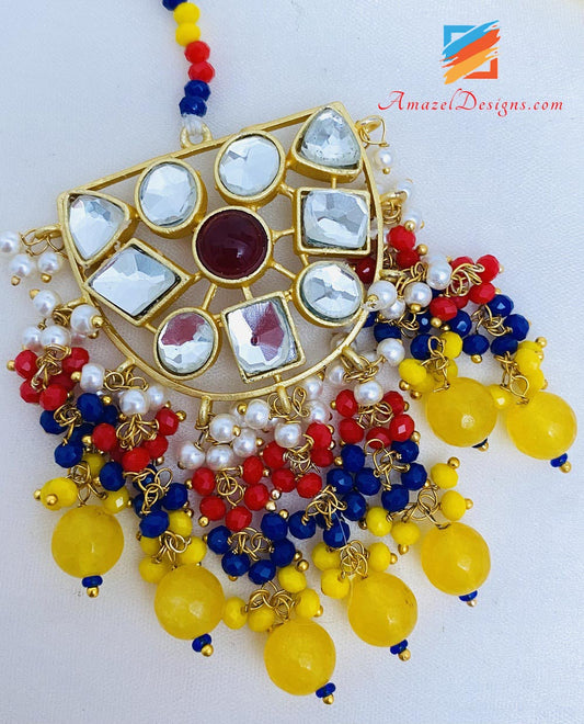 Yellow Kundan Lightweight Earrings Tikka Set