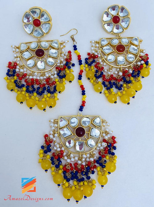 Yellow Kundan Lightweight Earrings Tikka Set