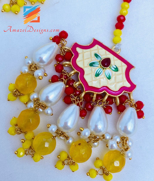 Yellow Lightweight Meenakari Hand painted Waliyaan Tikka Set