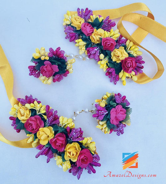 Yellow Magenta Choker With Long Mala Earrings Tikka