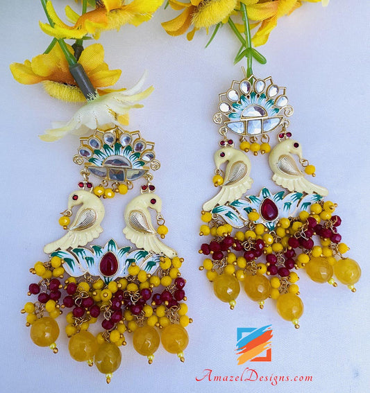 Yellow Meenakari Bird Earrings