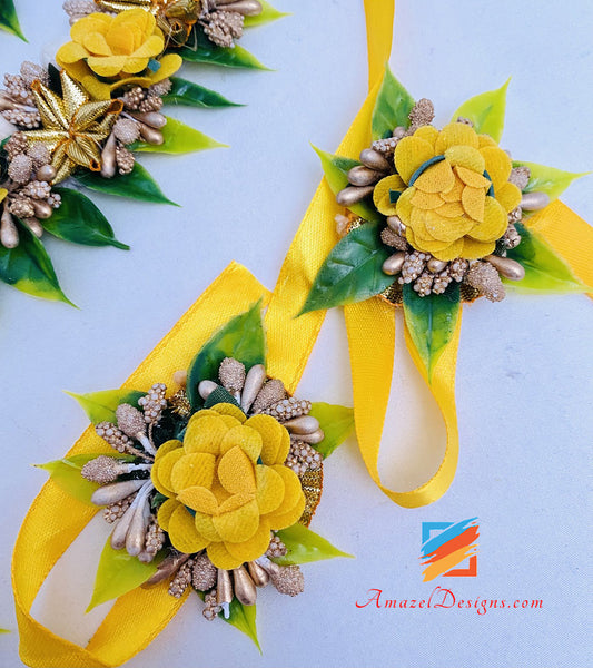 Gelbe Halskette Jhumka Ohrringe Handstücke Tikka Blumen Set 