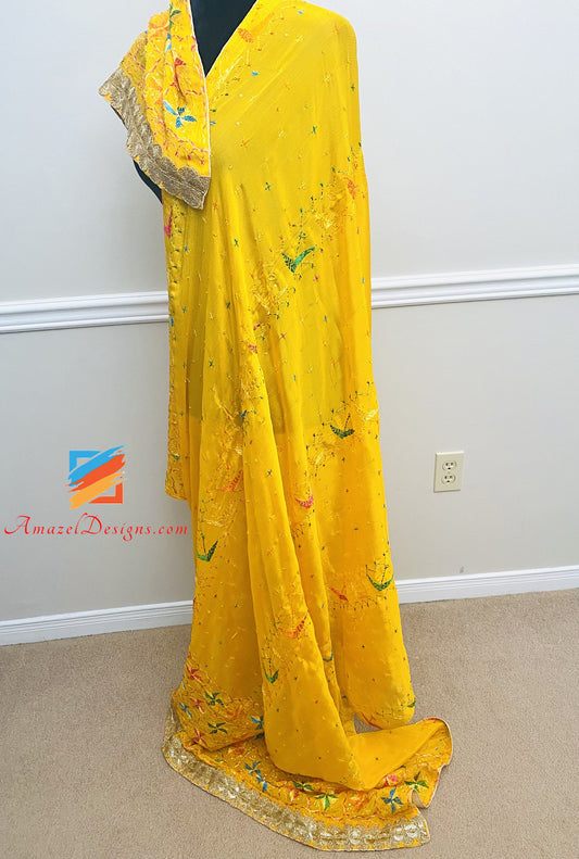 Yellow Phulkari Chakri Sippi Lace