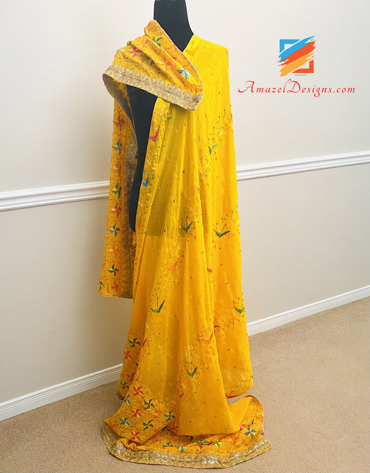 Yellow Phulkari Chakri Sippi Lace