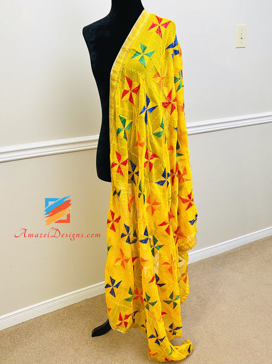 Yellow Phulkari With Tissue Lace