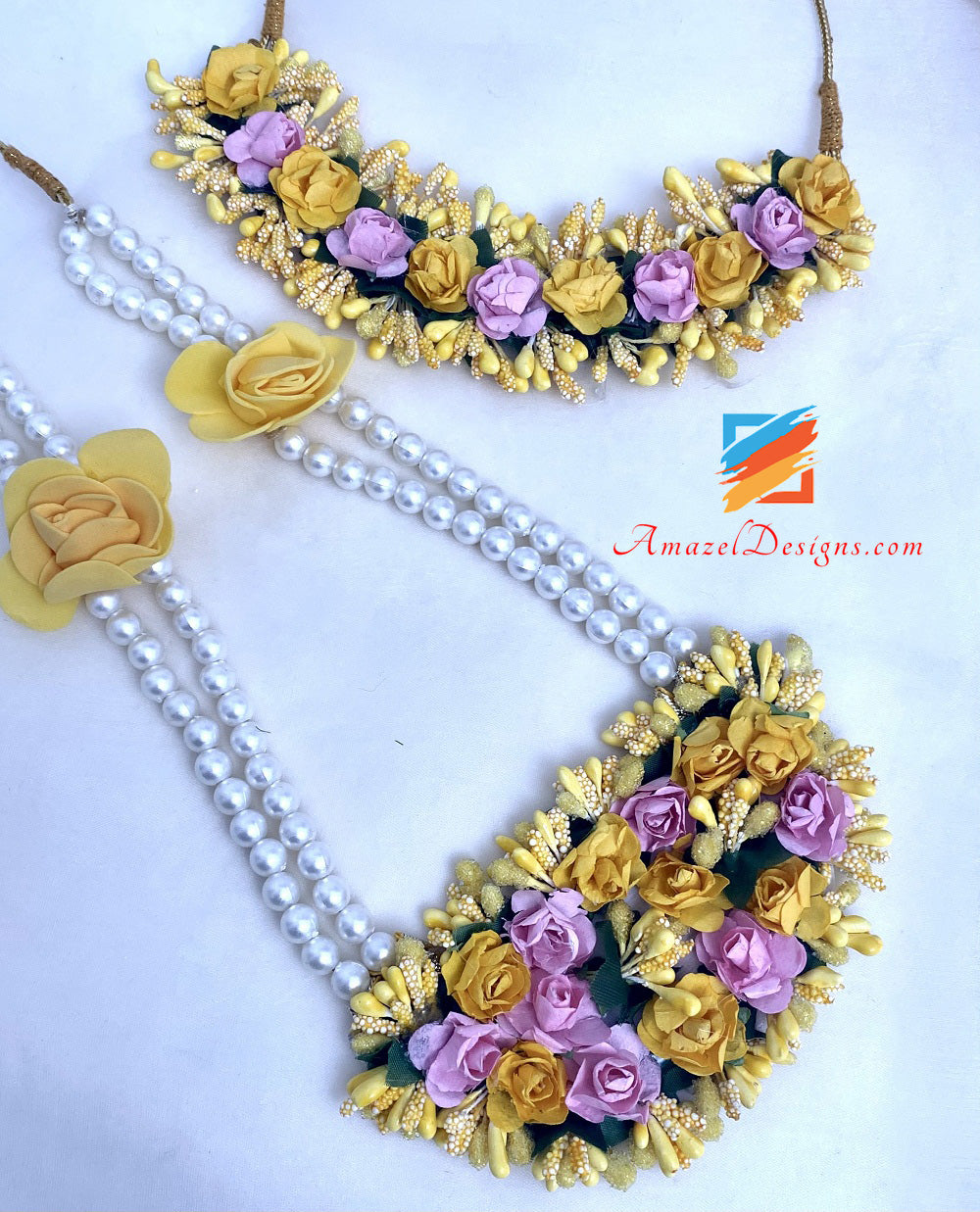 Yellow Pink Long And Choker Double Necklaces Flower Jewellery