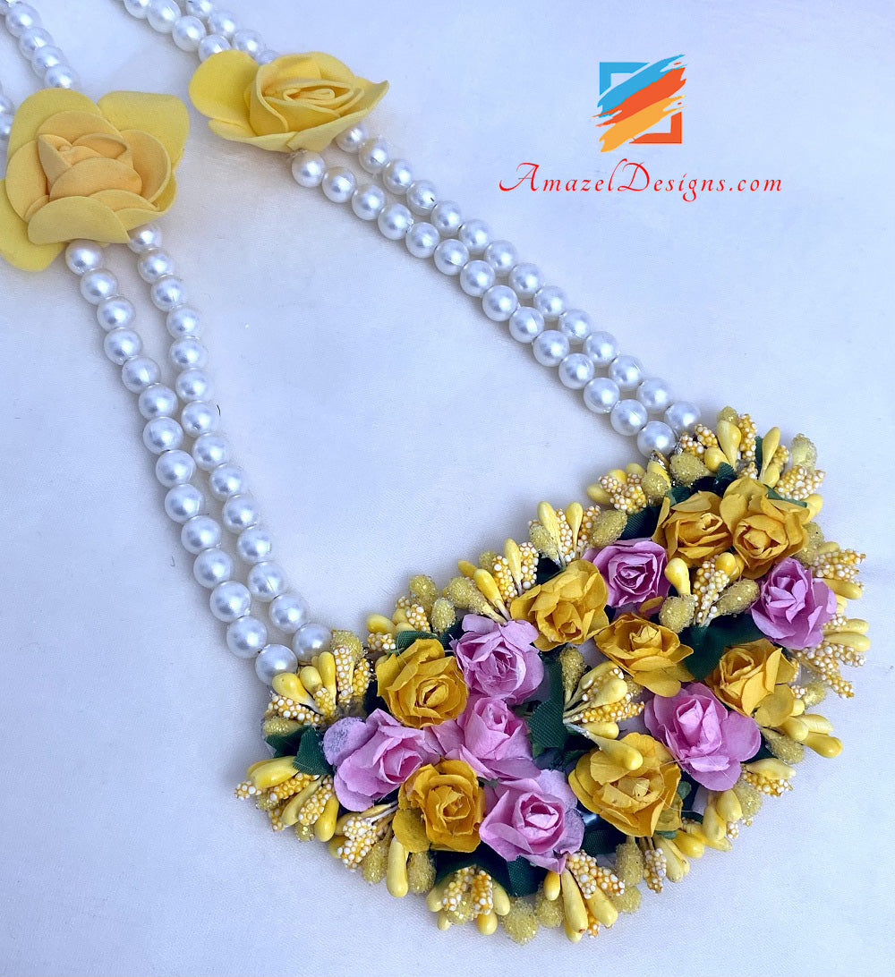 Gelb-Rosa lange und doppelte Halsband-Halsketten mit Blumenschmuck