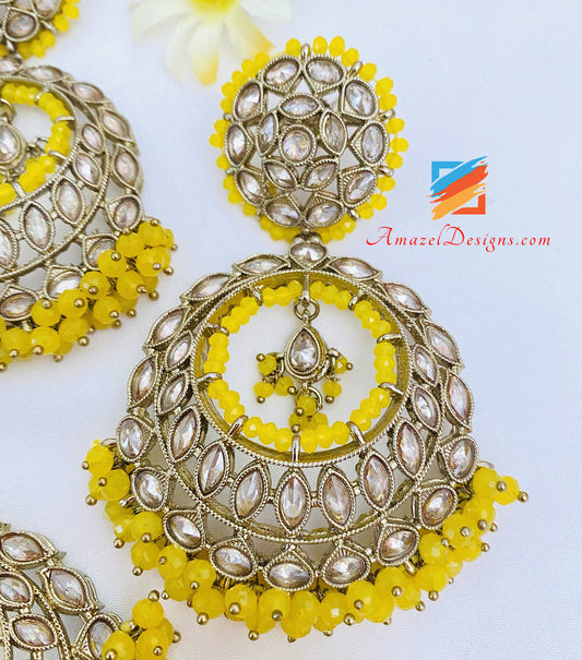Yellow Polki Earrings Tikka Set