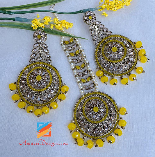 Yellow Polki Earrings Tikka Set